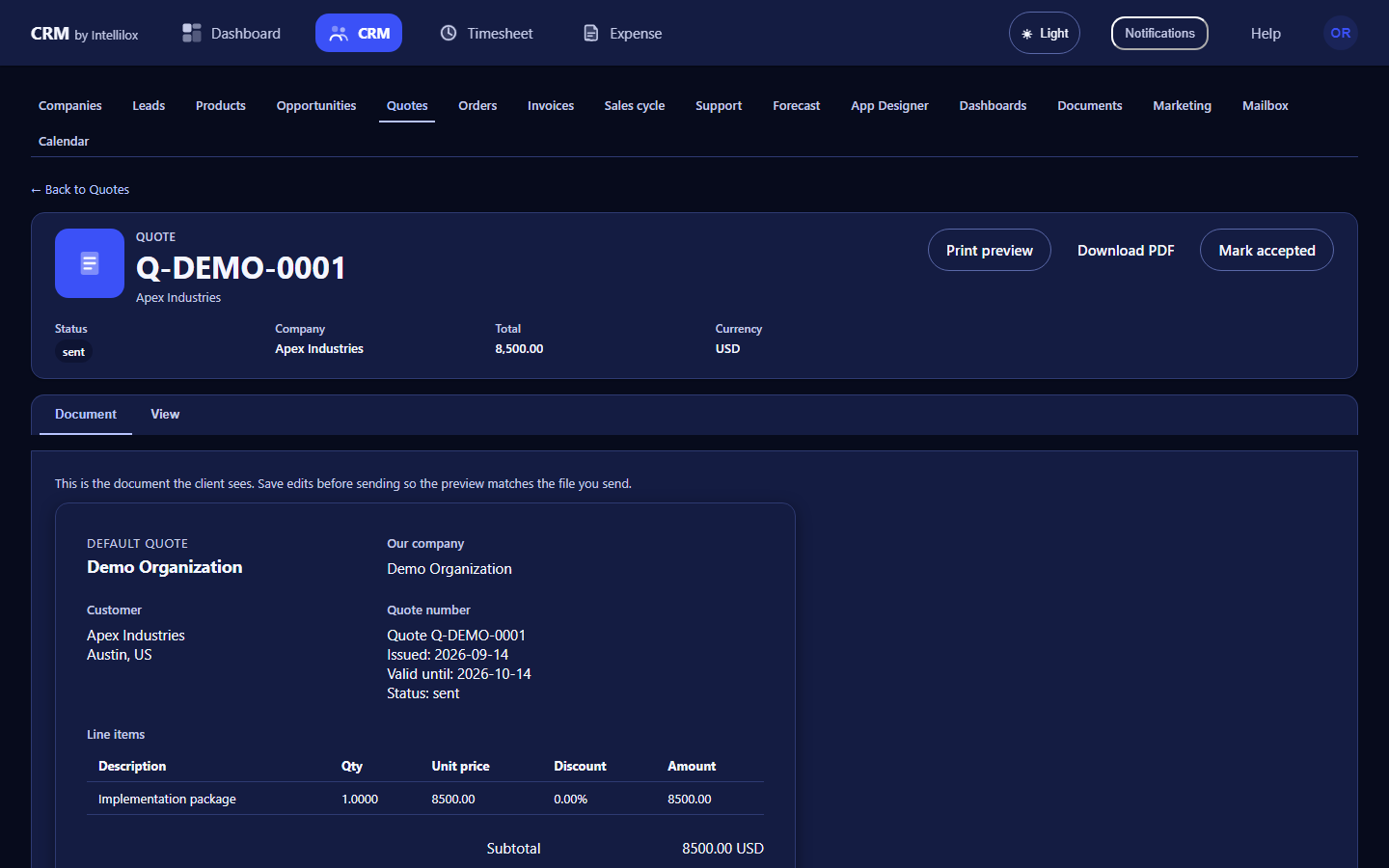 Quote document with line items